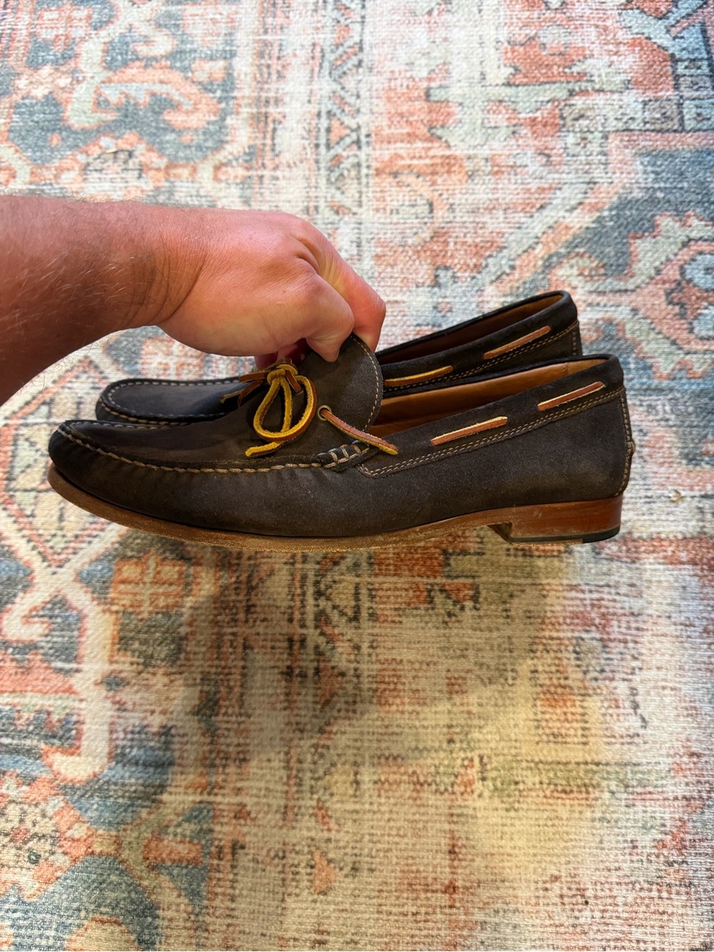 Trask Dark Brown Suede Moccasin Loafers with Tan Contrast Laces - Picture 3 of 5
